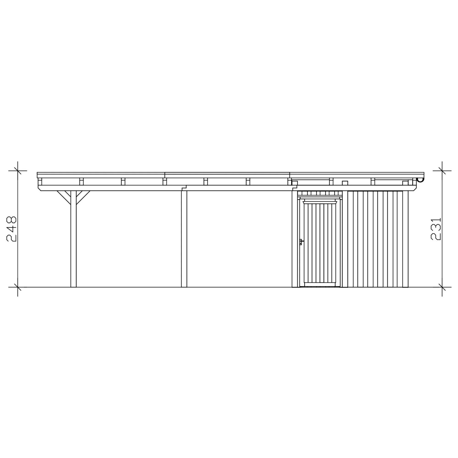 Seitenansicht Skan Holz Carport Emsland mit Flachdach, Abstellraum und Maßen. Robuste Leimholz-Konstruktion.