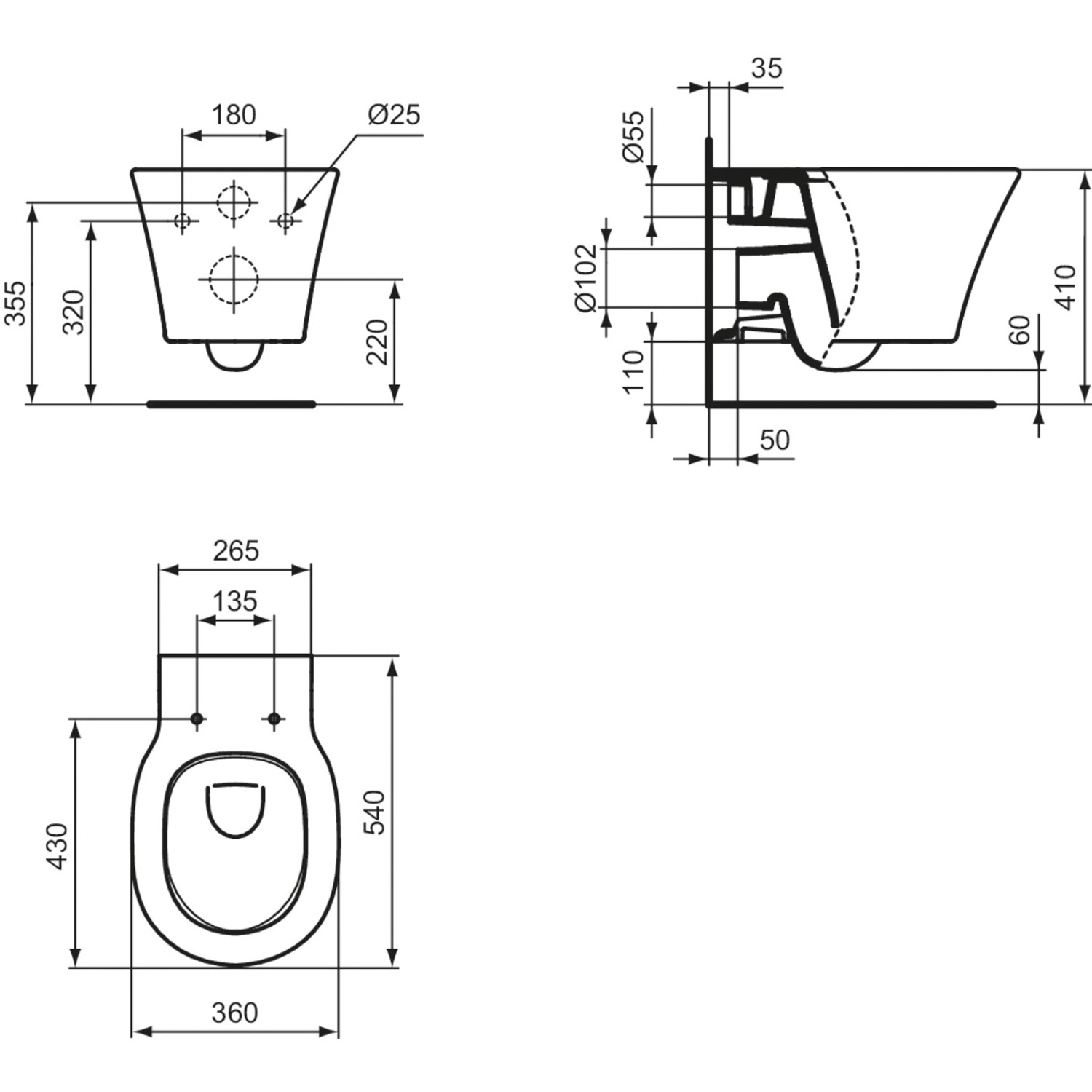 Technische Zeichnung Wand-WC Ideal Standard Connect Air, Tiefspüler, spülrandlos, Maße in mm.
