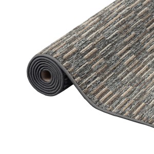 Gerollter, anthrazitfarbener Snapstyle Streifenberber Teppich (80x160cm) mit modernem Streifenmuster.