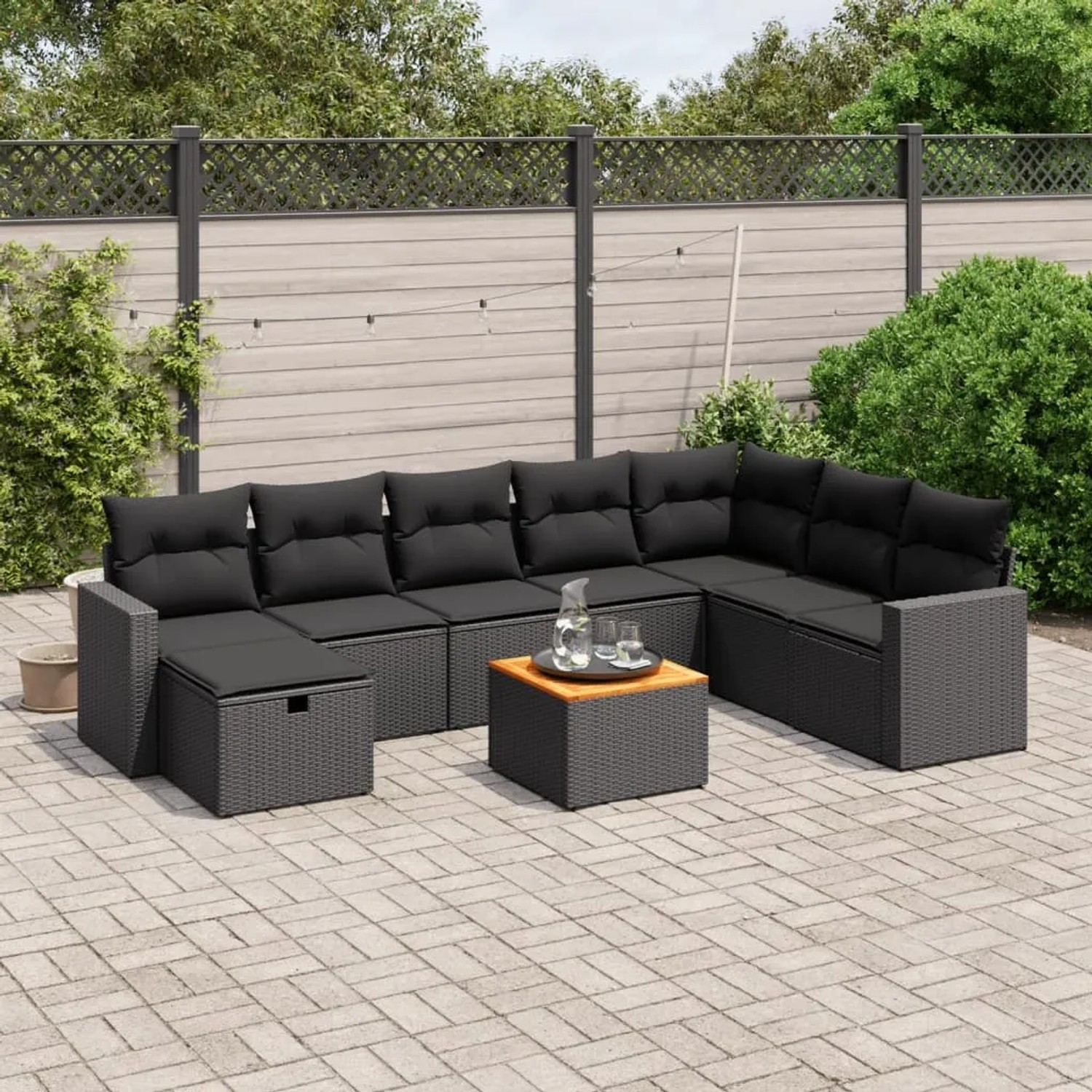 Schwarze 9-tlg. vidaXL Garten-Sofagarnitur aus Poly Rattan mit Kissen. Gartenmöbel für Terrasse und Garten.