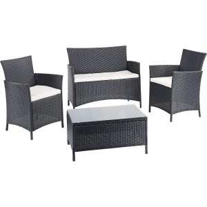 Schwarzes 4-teiliges Gartenmöbel-Set Canera aus Polyrattan mit Tisch, Sofa und Sesseln.
