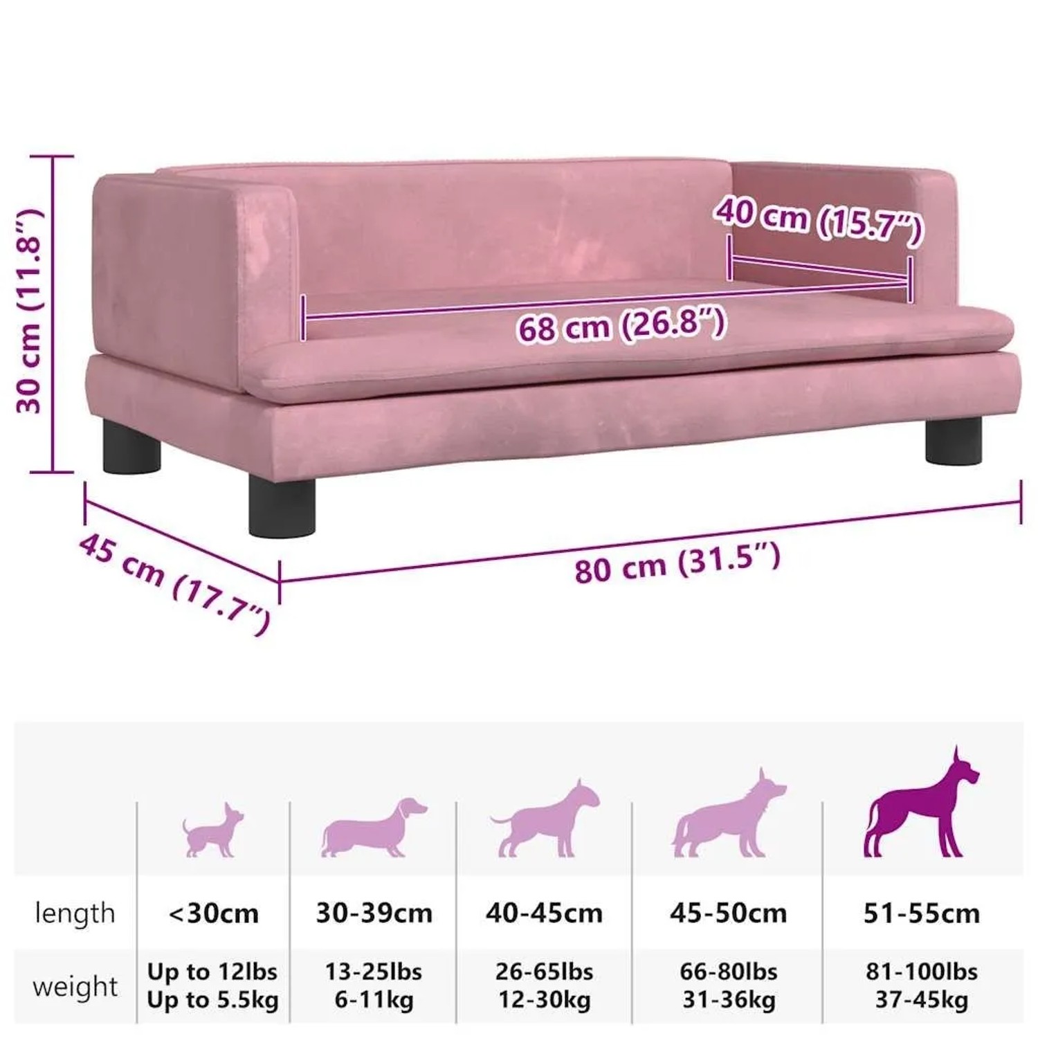 vidaXL Hundebett Rosa 80x45x30 cm Samt 171897_7