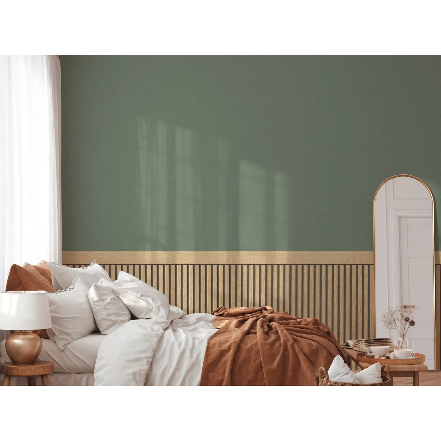 A.S. Creation Vliestapete Wallpanel in Braun-Schwarz im Schlafzimmer mit grüner Wand.