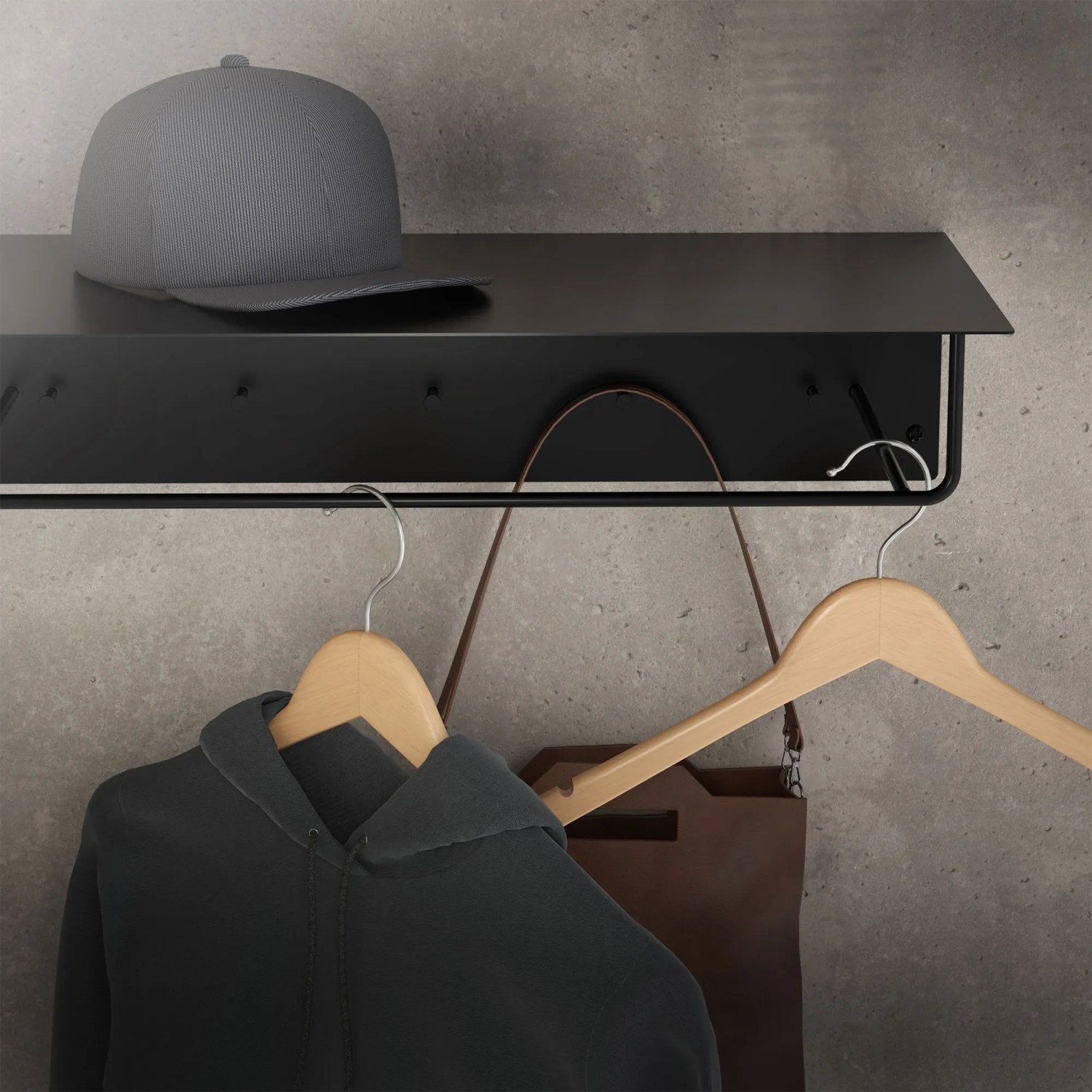 ML-Design Wandgarderobe 2er Set mit Hakenleiste, Kleiderstange, Ablage, Schwarz