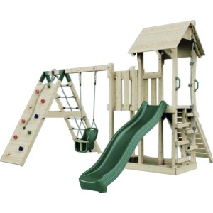 PolarPlay Spielturm Farö mit Babyschaukel, Kletterwand und grüner Rutsche.