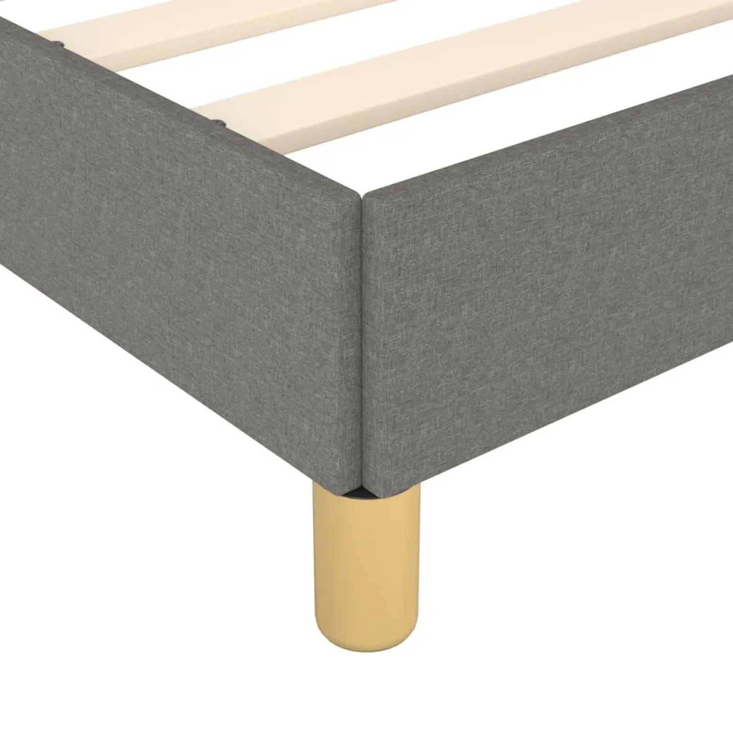 Detailansicht: Dunkelgraues Stoff-Bettgestell 160x200 mit Holzlattenrost und goldenen Füßen.