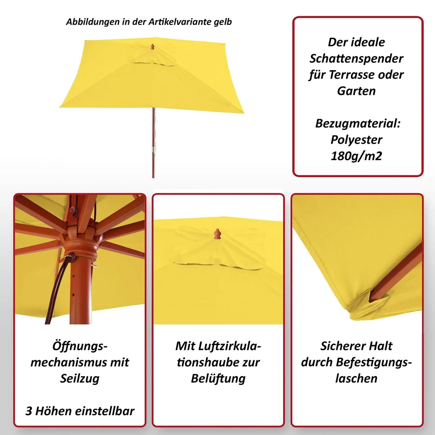 MCW Sonnenschirm Lissabon 3x4m Creme: Holzschirm mit Seilzug, austauschbarer Bezug, 3 Höhen einstellbar.