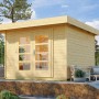 WEKA Designhaus 126 aus Naturholz mit Doppeltür im Garten.