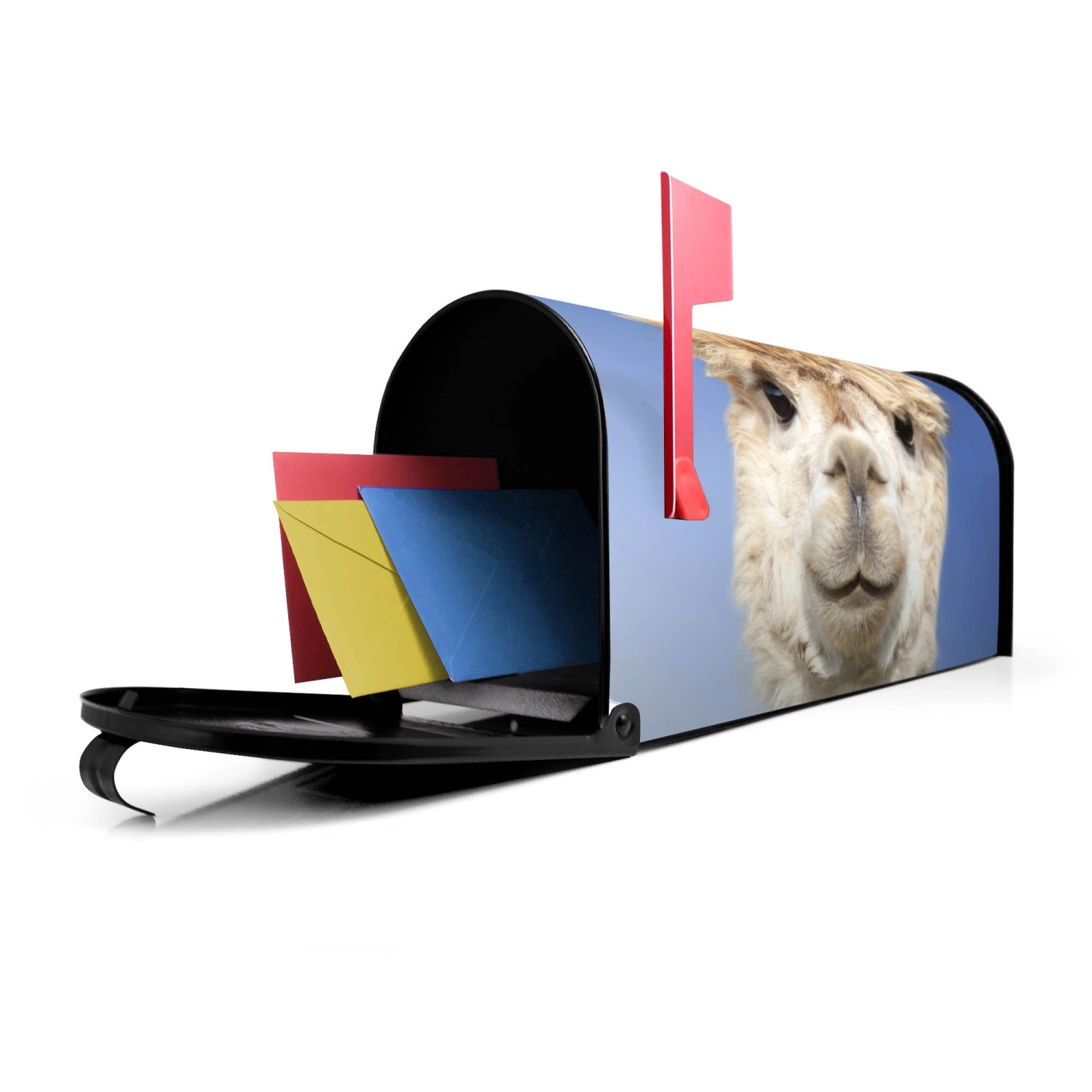 Schwarzer Banjado US Briefkasten mit Lama Motiv, Postkasten aus Stahl mit roter Fahne und Briefen.