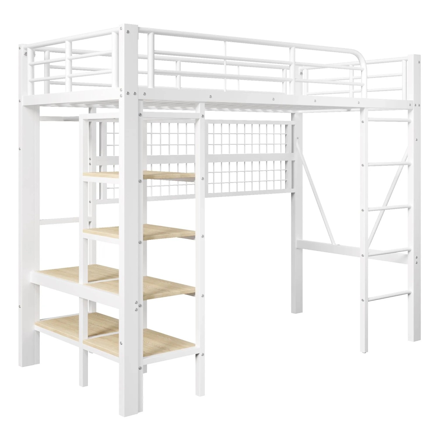 okwish Metall Hochbett 90x200cm mit Kleiderstange und LED Weiß ohne Matratze