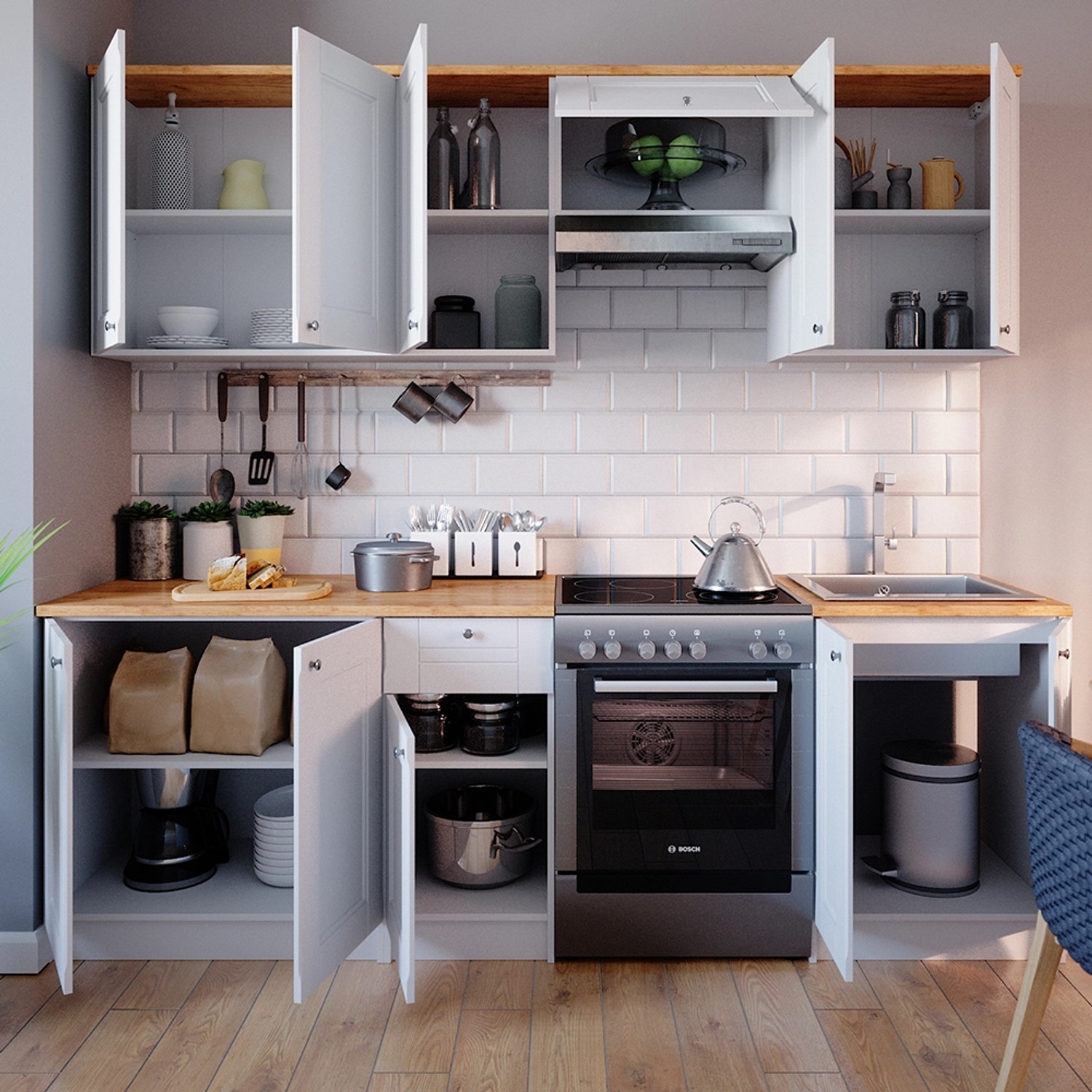 Weiße Vicco Bergamo Küchenzeile 240 cm mit Eiche Arbeitsplatte und geöffneten Schranktüren.