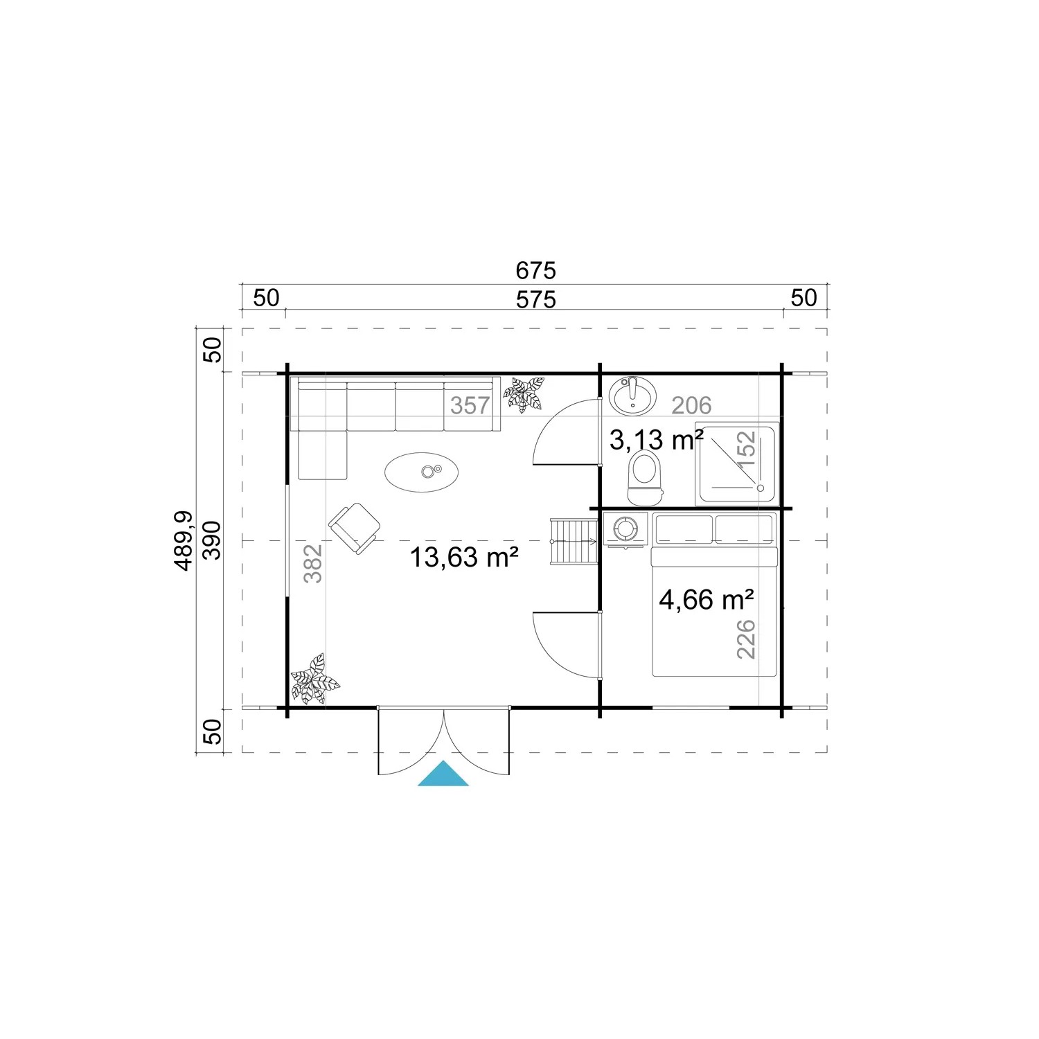 Grundriss Lasita Maja Gartenhaus Caroline Set, 575x390 cm, mit Raumaufteilung und Maßen.