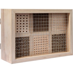 Dobar Wildbienenhaus mit 6 Nistblöcken im Holzrahmen, verschiedene Füllungen und Gitter.