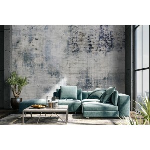 Erismann Fototapete Factory in Blau-Weiß mit Backstein-Optik im Wohnzimmer.