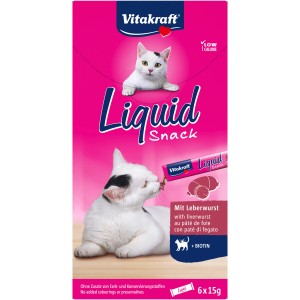 Vitakraft Liquid Snack Leberwurst für Katzen, 6 Stück. Cremiger Katzensnack mit Biotin für Fell.