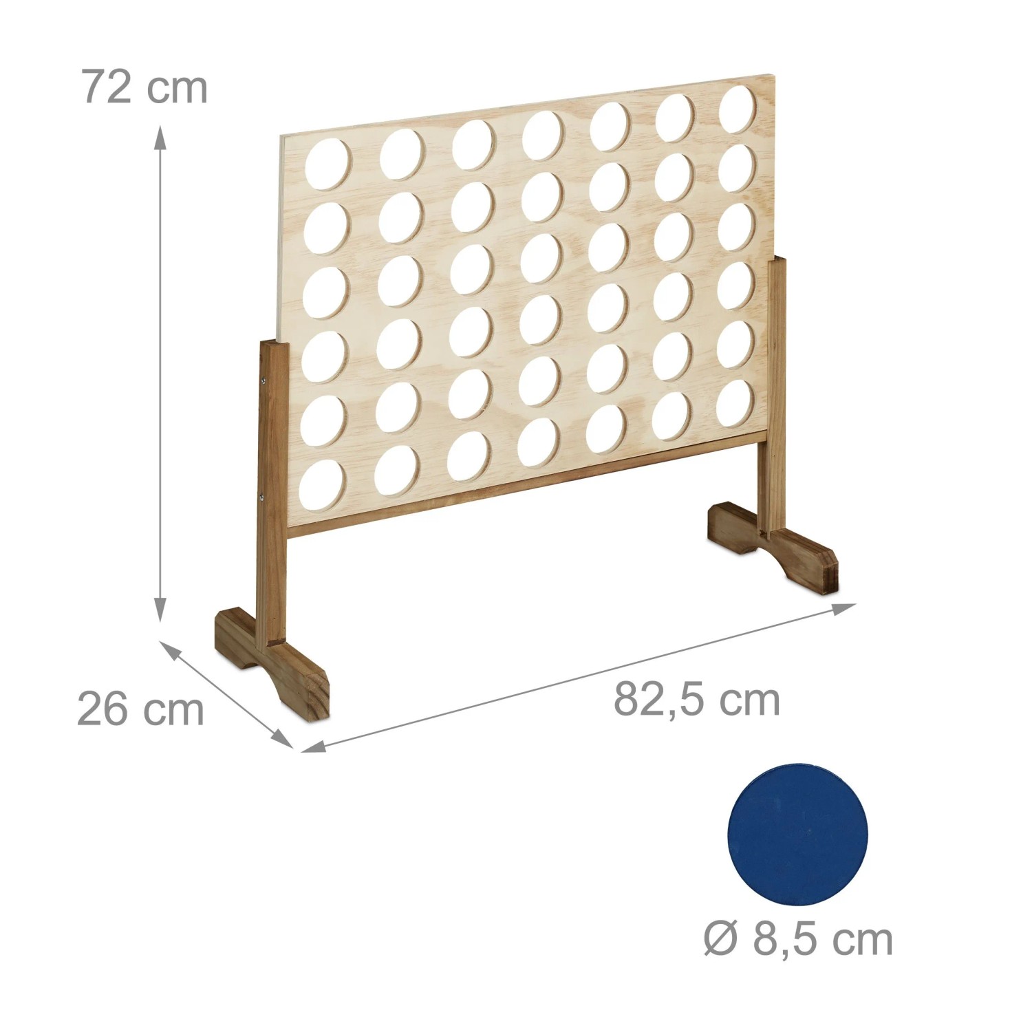 XXL Vier Gewinnt Spiel aus Holz in Naturfarbe. Großes Gartenspiel mit Maßen 72x82,5x26 cm und blauer Spielscheibe.