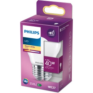 Philips LED-Lampe E27 Tropfenform, 4,3W, 470lm, warmweiß, in Produktverpackung.