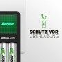 Energizer Mini Ladegerät mit 2 AA Akkus. Akku-Ladegerät für NiMH Akkus, ideal für Reisen.