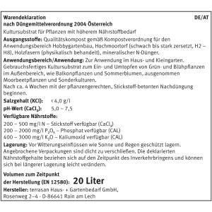 Deklaration der Blumenerde (20 l) mit Inhaltsstoffen und Nährstoffangaben.