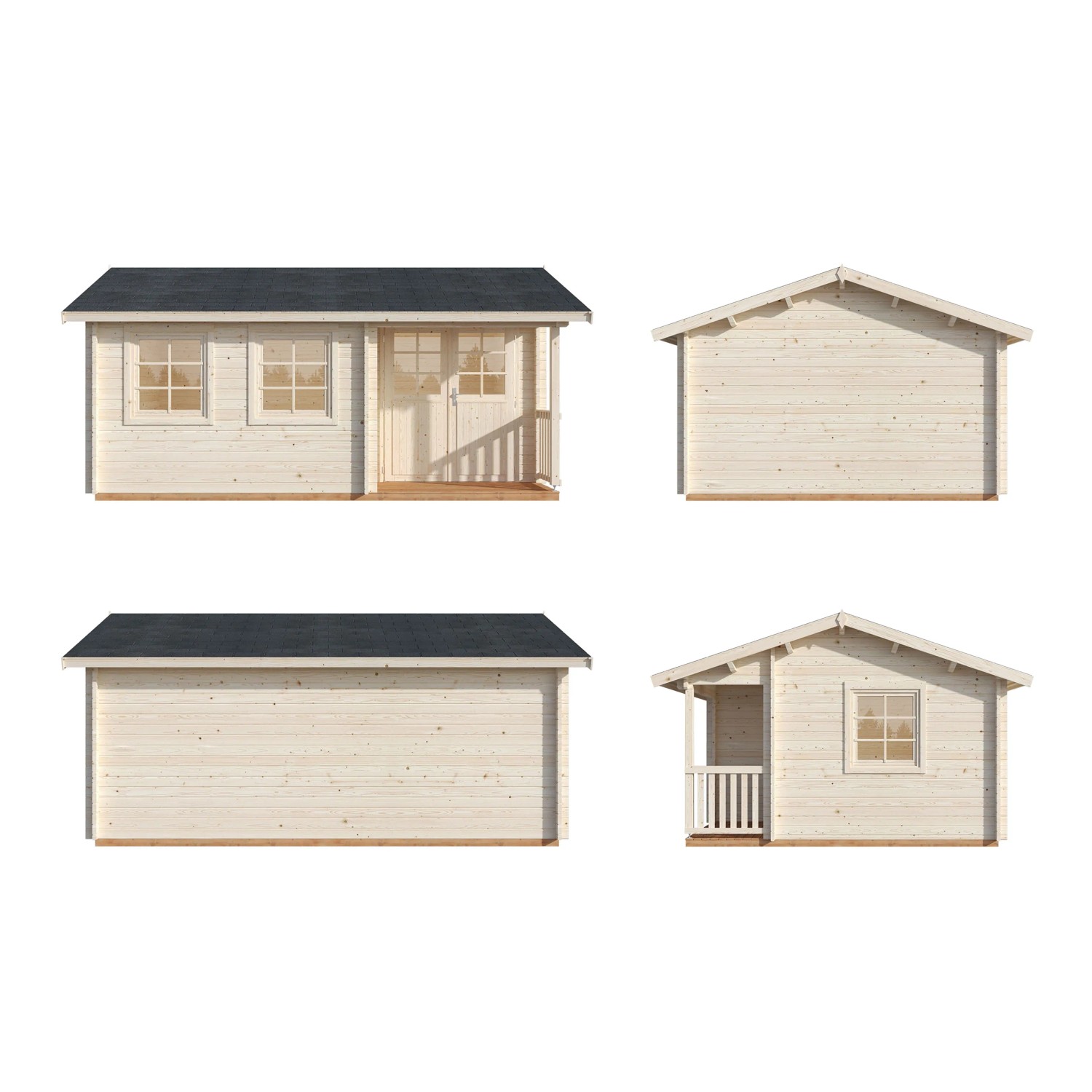 Palmako Susanna Gartenhaus, grau, 510x380cm, verschiedene Ansichten. Holz-Gartenhaus mit Satteldach und Anbau.