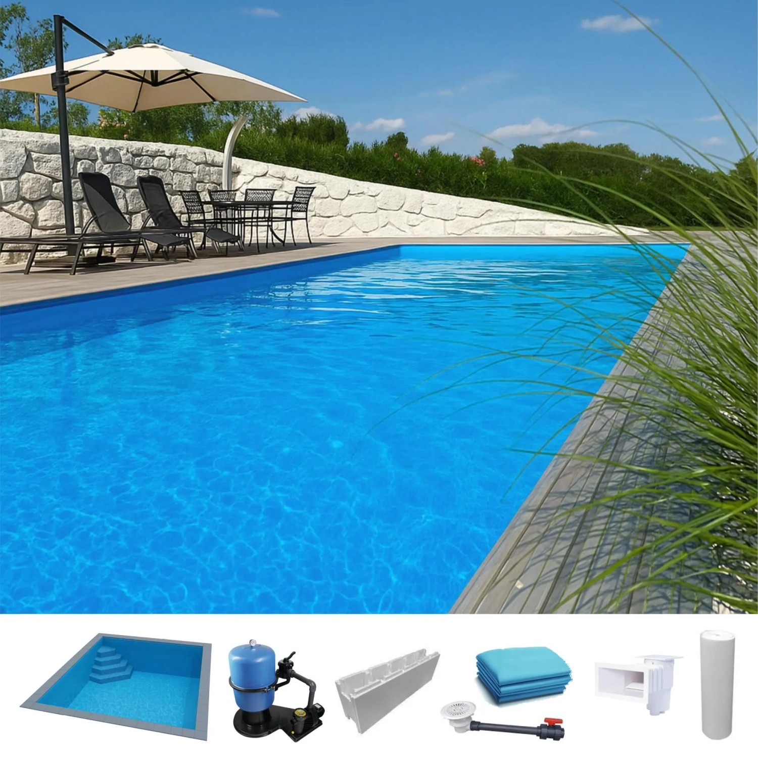 KWAD Styropor Pool Easy mit Ecktreppe Links 8 x 4 x 1,5 m Blau
