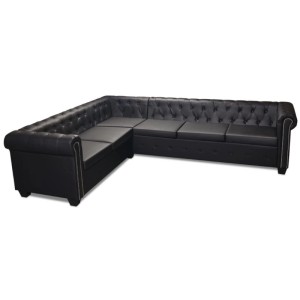 Schwarzes vidaXL Chesterfield Ecksofa, 6-Sitzer aus Kunstleder. Elegantes Sofa für Wohnzimmer und Büro.