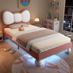 PXloue Kinderbett 90x200 Polsterbett mit LED Fliege-Kopfteil Samt Beige-Rosa