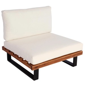 MCW Lounge-Sessel H54: Braunes Akazienholzgestell, schwarze Metallbeine, helle Polster. Moderner Gartenstuhl für Terrasse.