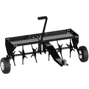 Schwarzer Wiltec Aerifizierer für Aufsitzmäher, 90 cm Arbeitsbreite, mit Sternzinken. Robuster Rasenlüfter aus Stahl.