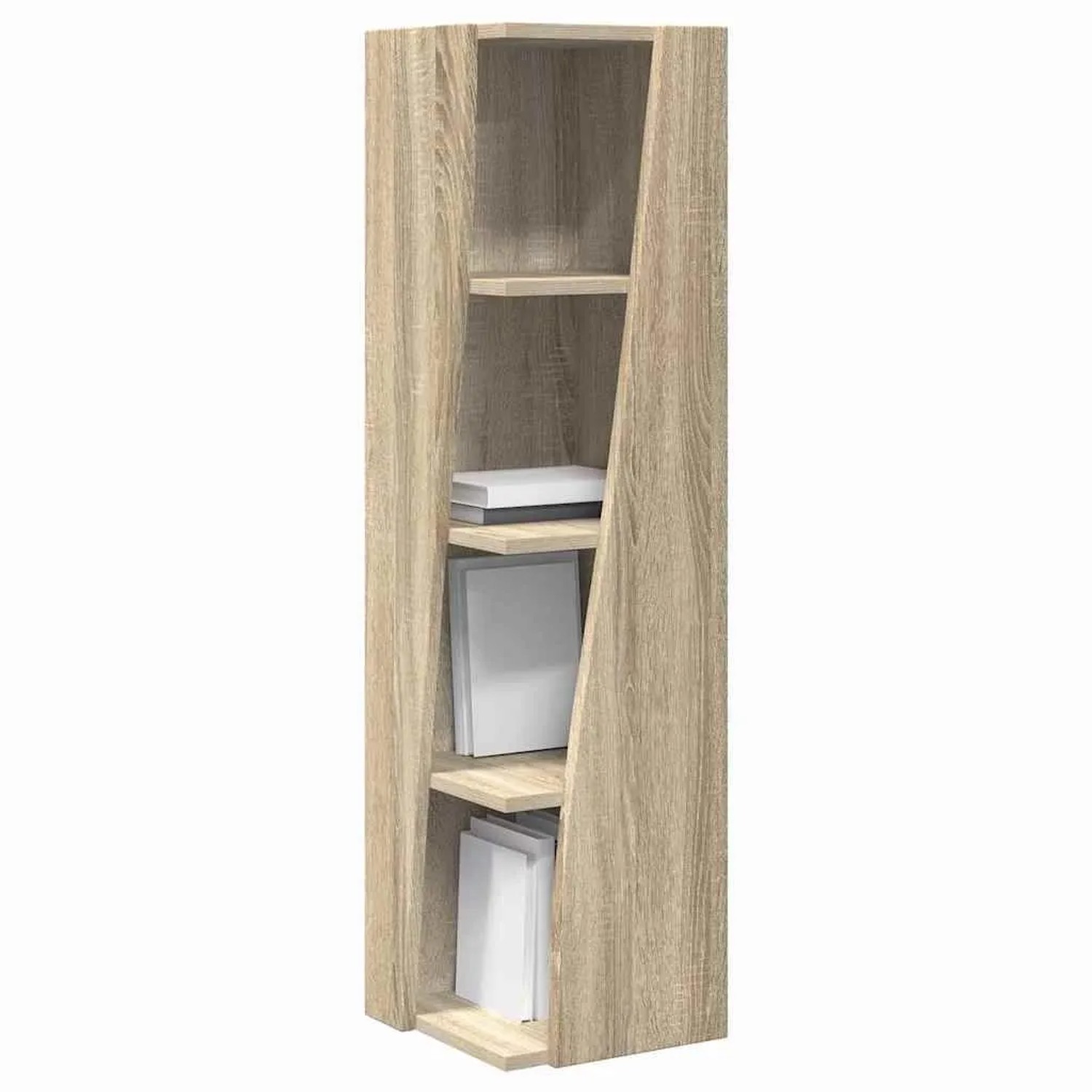 Moderner Eckschrank in Sonoma-Eiche Optik aus Holzwerkstoff mit 4 Regalböden, teils mit Büchern.