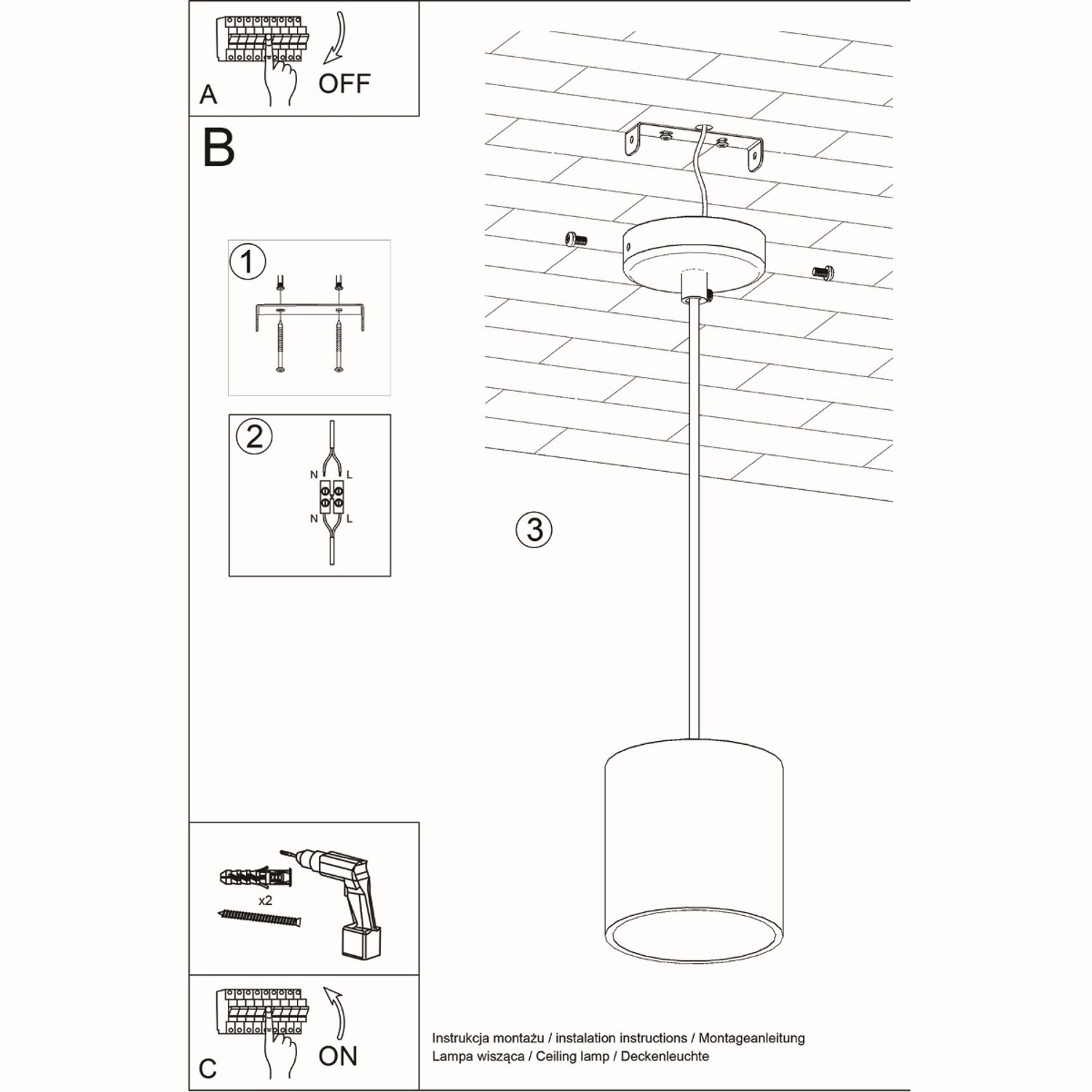 Montageanleitung für Sollux Lighting ORbis 1 Hängeleuchte, grau, zylindrisch.
