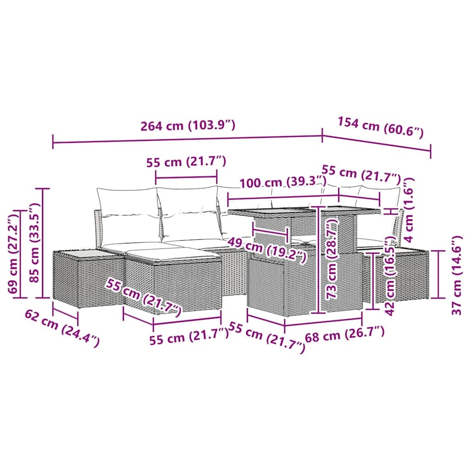 Beiges 7-teiliges vidaXL Garten-Sofa-Set mit Stauraum und Maßangaben.