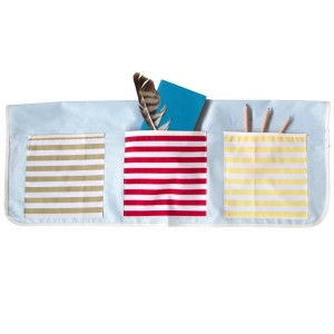 Homestyle4u Betttasche für Hochbett, hellblau mit 3 bunten, gestreiften Taschen. Bettzubehör zur Aufbewahrung.