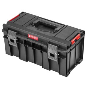 Schwarzer PROREGAL QBRICK Werkzeugkasten Pro mit Deckel, Griff und Klemmverschlüssen.