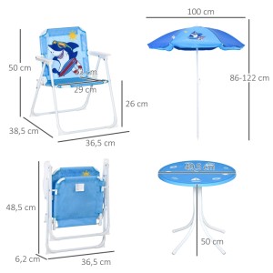 Blaues Outsunny 4-tlg. Kinder Gartenmöbel-Set: Tisch, 2 Klappstühle mit Hai-Muster und Sonnenschirm.