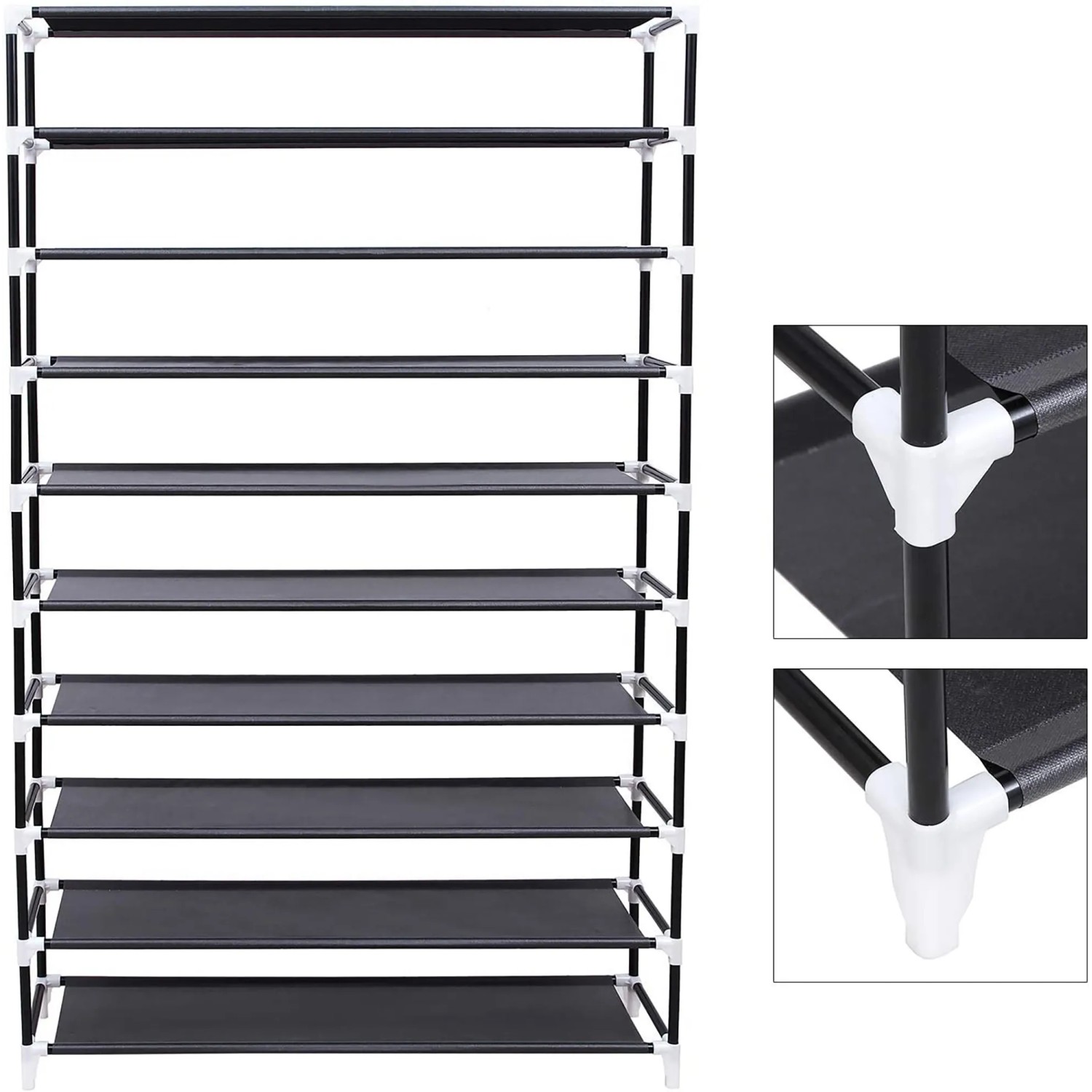 Schwarzes Songmics Schuhregal mit 10 Ebenen für bis zu 54 Paar Schuhe.