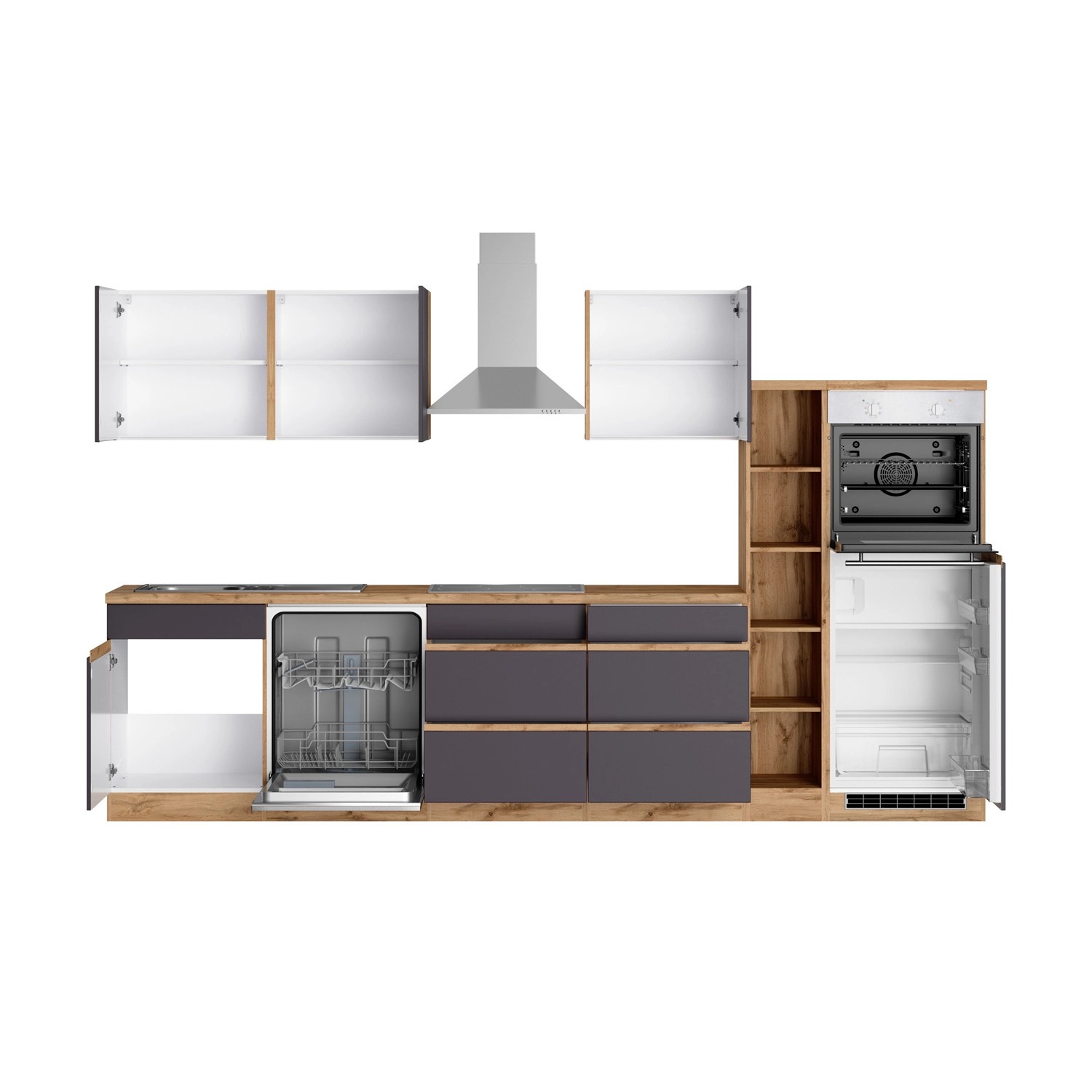 Moderne Küchenzeile Turin 330 cm in Graphit-Wotaneiche mit E-Geräten, inklusive Spüle und Dunstabzugshaube.