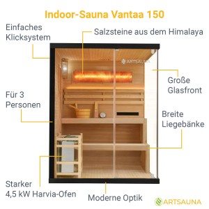 Artsauna Vantaa Sauna: 3-Personen-Sauna mit Glasfront, Ofen und Salzsteinen für entspannte Stunden.