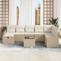 Beiges 9-teiliges vidaXL Garten-Sofa-Set aus Poly Rattan mit Kissen und Tisch.