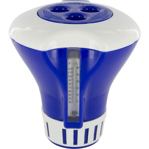 Steinbach Chlordosierschwimmer mit Thermometer für Poolpflege. Dosierhilfe für Chlor-Tabletten, blau-weiß.