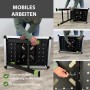 Zusammengeklappte, höhenverstellbare TRUTZHOLM Werkbank mit Aluminiumrahmen und schwarzen Details.