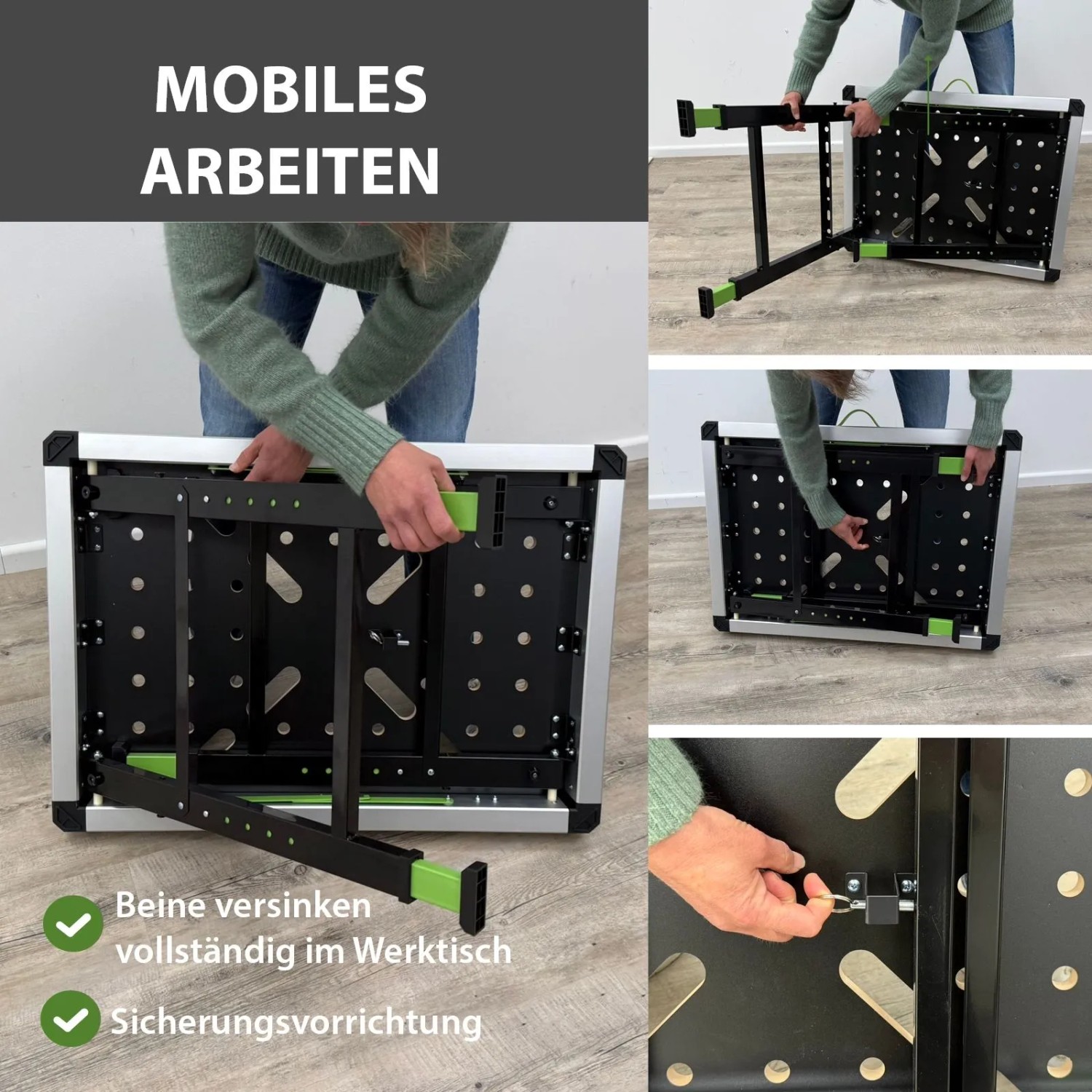 Zusammengeklappte, höhenverstellbare TRUTZHOLM Werkbank mit Aluminiumrahmen und schwarzen Details.