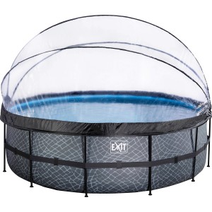 Grauer EXIT Stone Pool Ø450 mit Abdeckung, Sandfilterpumpe und Wärmepumpe.