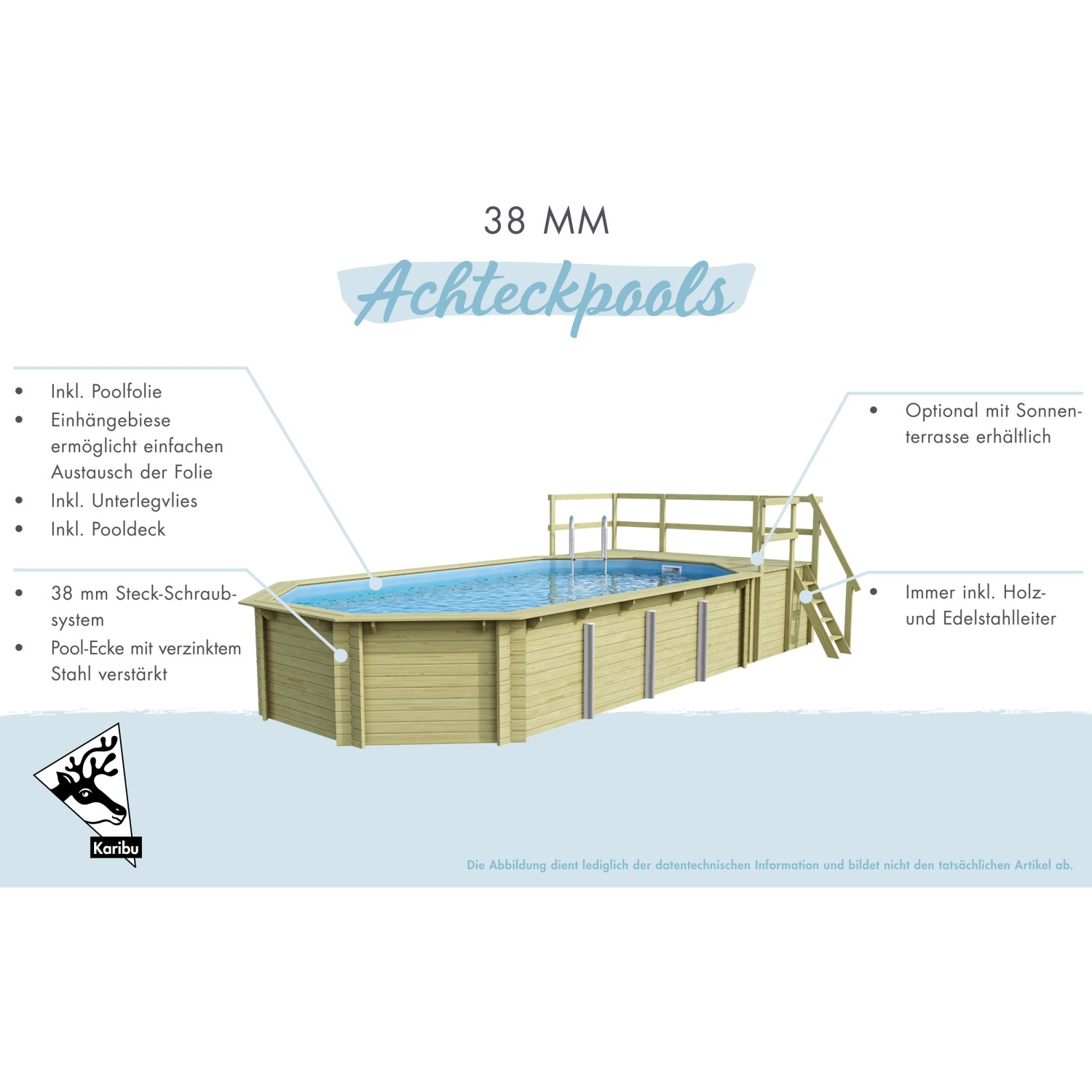 Karibu Holzpool Set mit Sonnenterrasse, Filteranlage und Leiter. Ideal für Badespaß im Garten.
