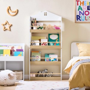 SoBuy Kinder Bücherregal Wandregal mit 4 Ablagen in Weiß-Natur. Hausförmiges Design.