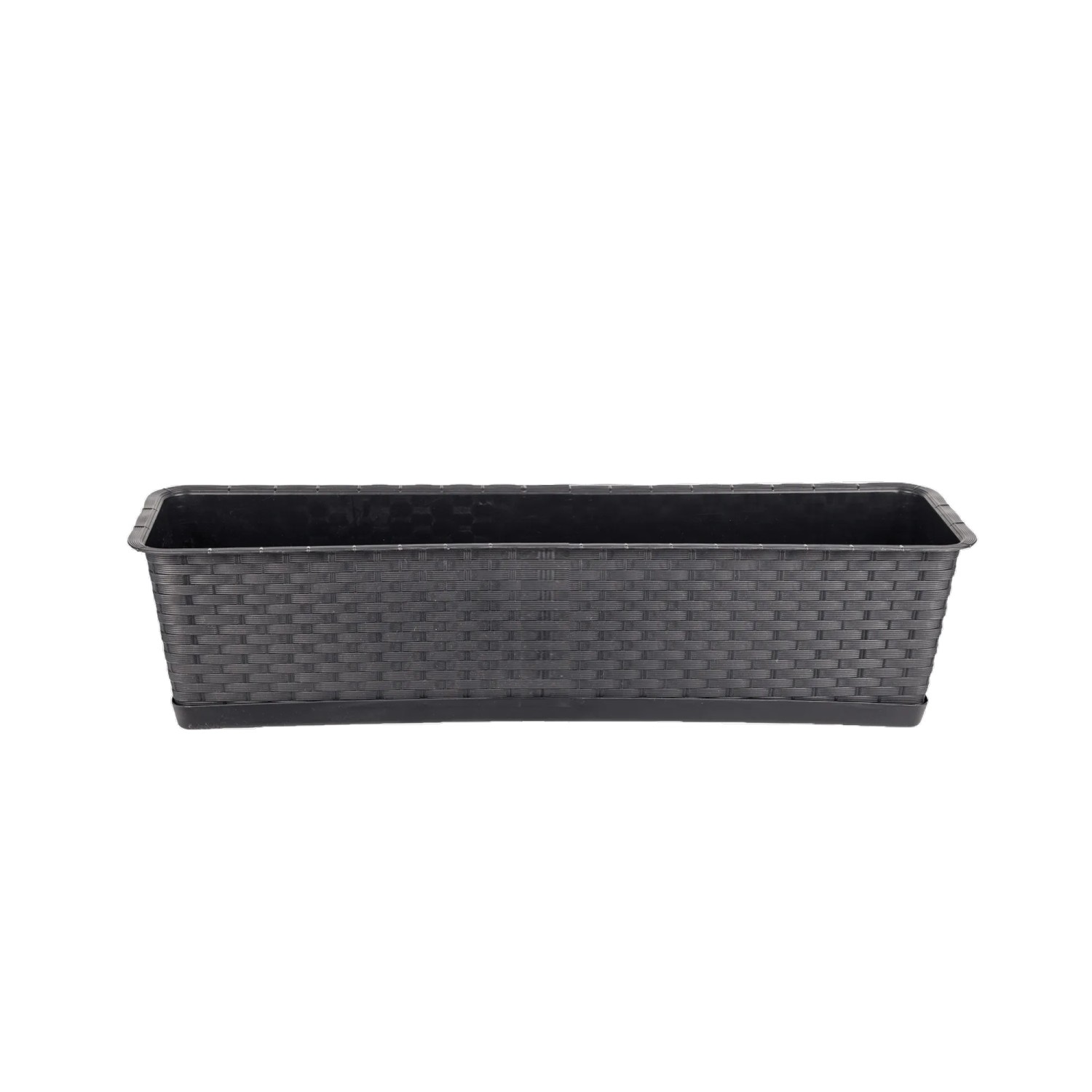 BigDean Blumenkasten Mit Untersetzer 70 Cm Lang Rattan Optik Anthrazit Aus PP Kunststoff Balkon Pflanzkasten Schmal Balkonkasten