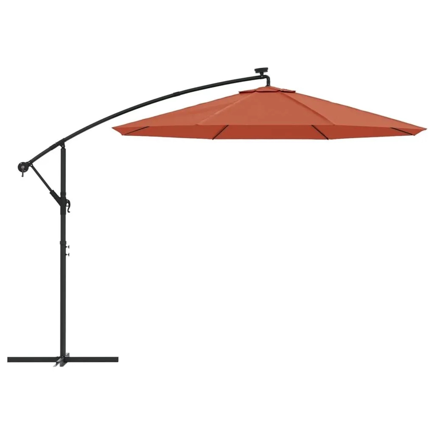 Terrakotta Ampelschirm mit LED-Beleuchtung, schwarzem Stahl-Mast und Kreuzfuß. Ideal für Garten & Terrasse.