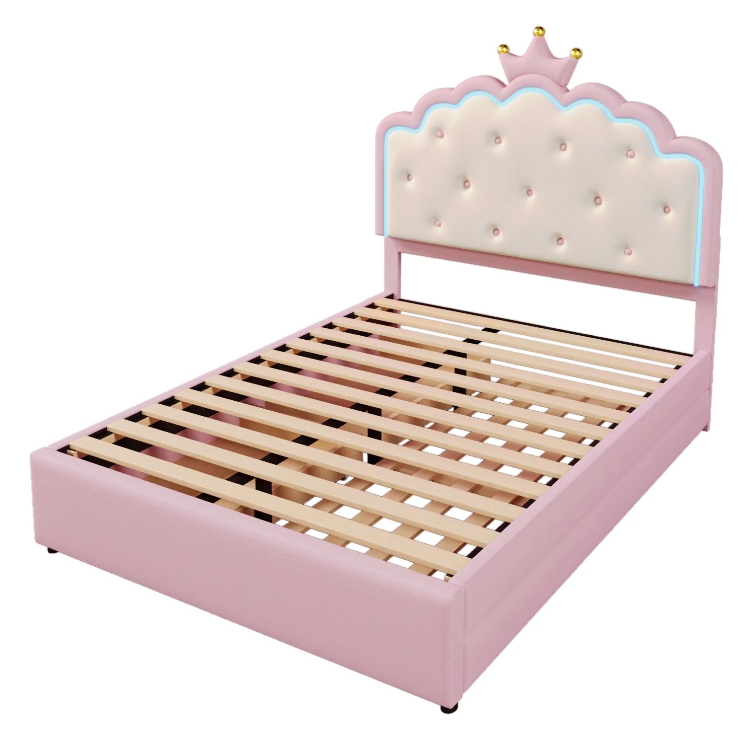 okwish Polsterbett 140x200cm mit LED Ausziehbett Schubladen Kinderzimmer Rosa ohne Matratze
