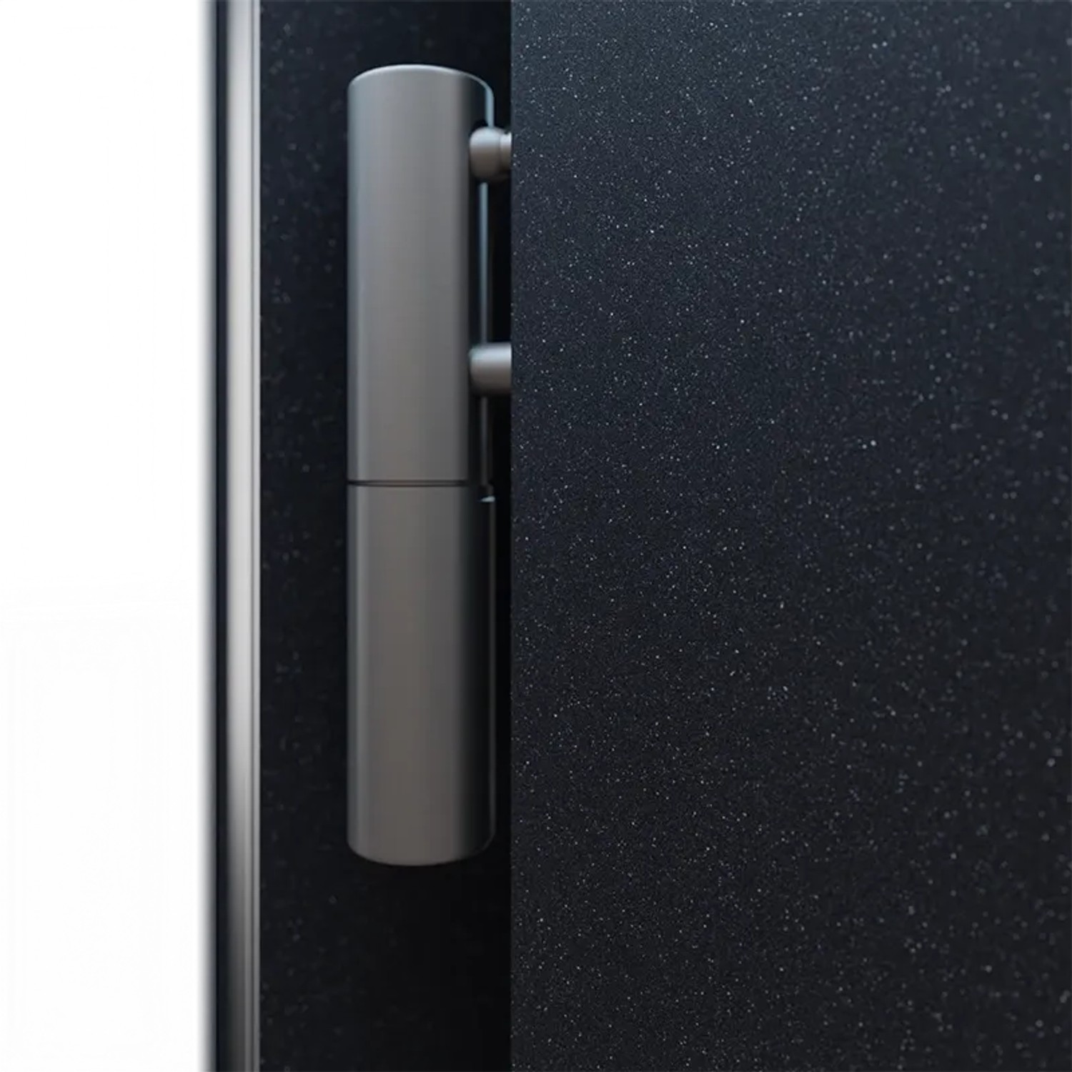 Detailansicht einer anthrazitfarbenen FM Tür AS68 mit Beschlägen und Türband.