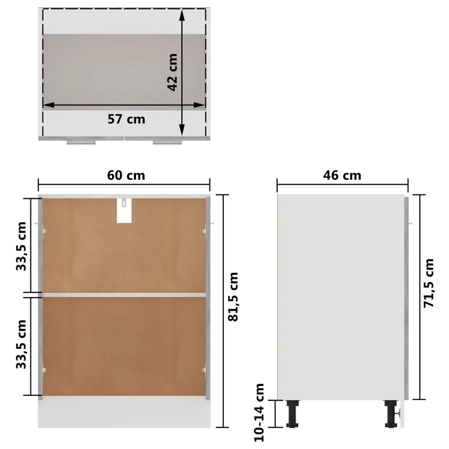 vidaXL Unterschrank, Betongrau, 60x46x81,5 cm, Holzwerkstoff, Küchenzeile mit Maßen.